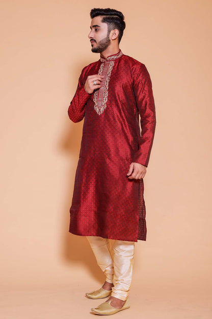Maroon Brocade Silk kurta suit with zari work on neckline