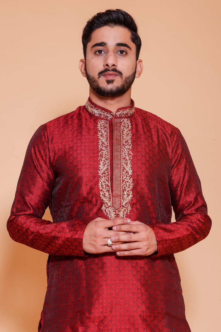 Maroon Brocade Silk kurta suit with zari work on neckline