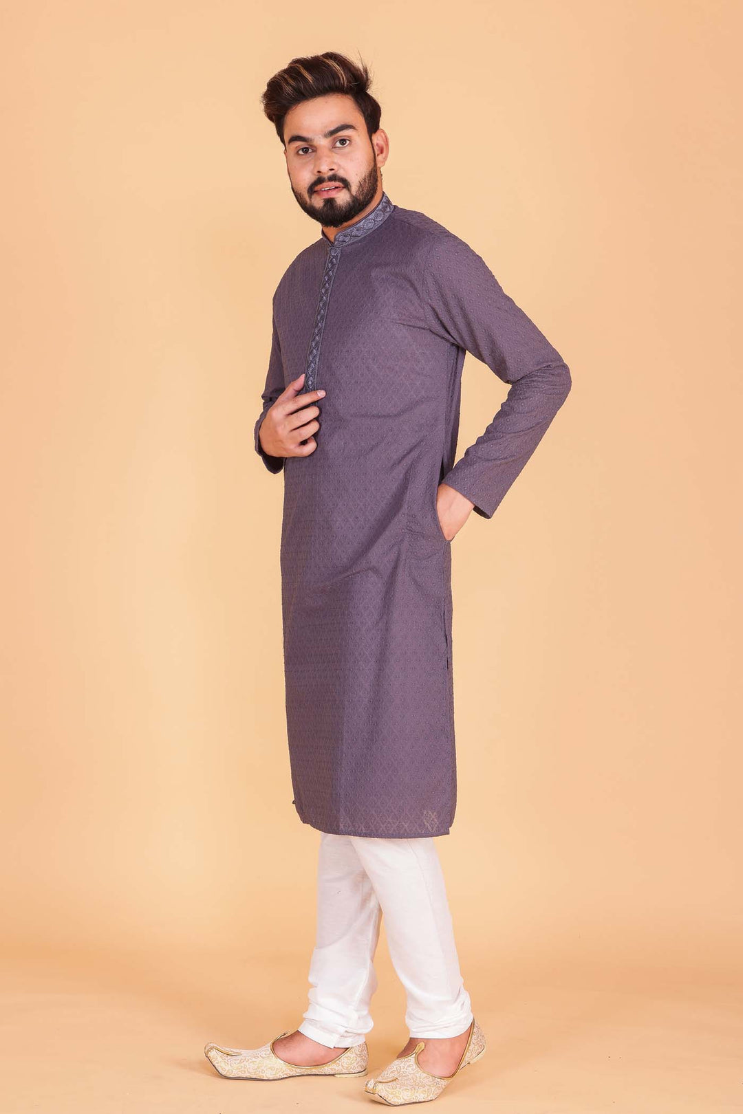 Grey Chikankari kurta suit with resham thread