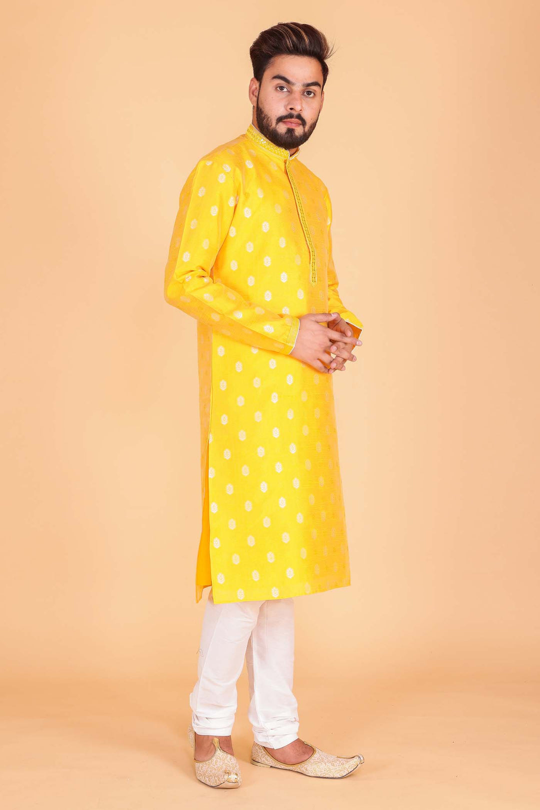 Yellow Soft Brocade Silk Kurta Suit