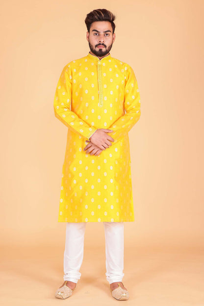 Soft Brocade Silk Kurta Suit - Yellow