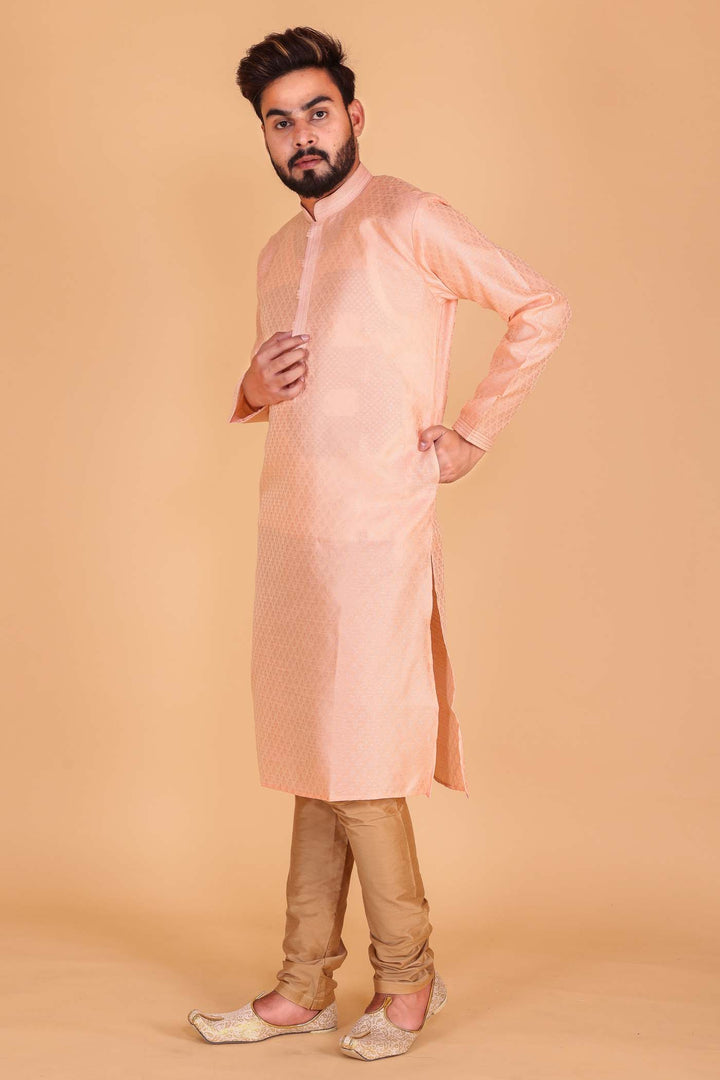 Peach Brocade Print Kurta Suit