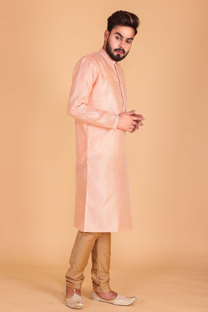 Peach Brocade Print Kurta Suit