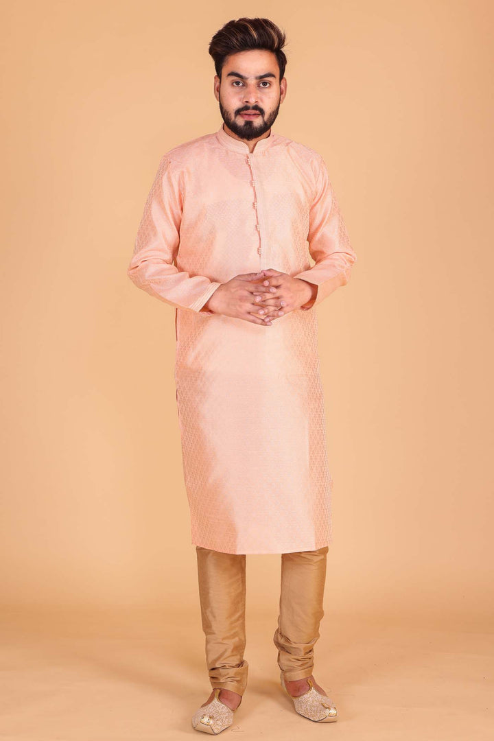 Peach Brocade Print Kurta Suit