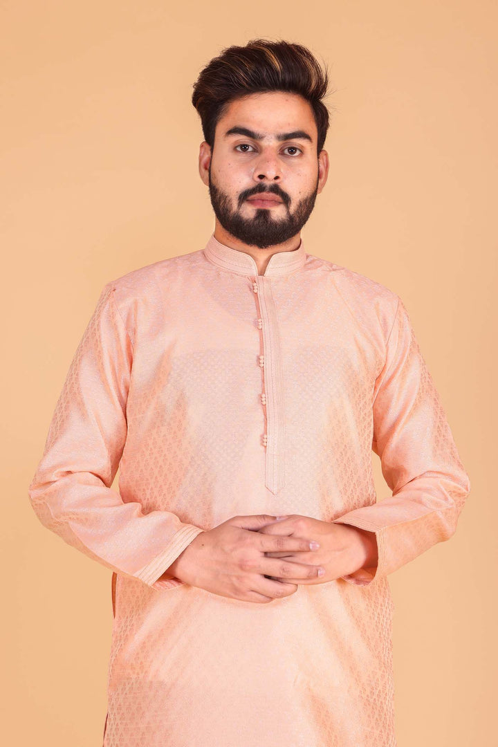 Peach Brocade Print Kurta Suit
