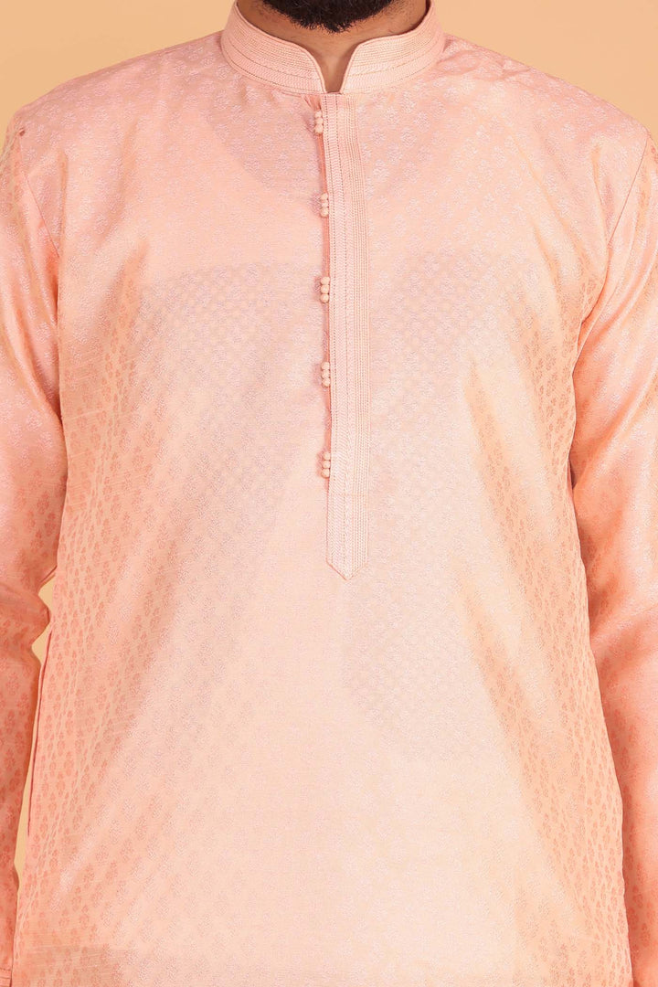 Peach Brocade Print Kurta Suit