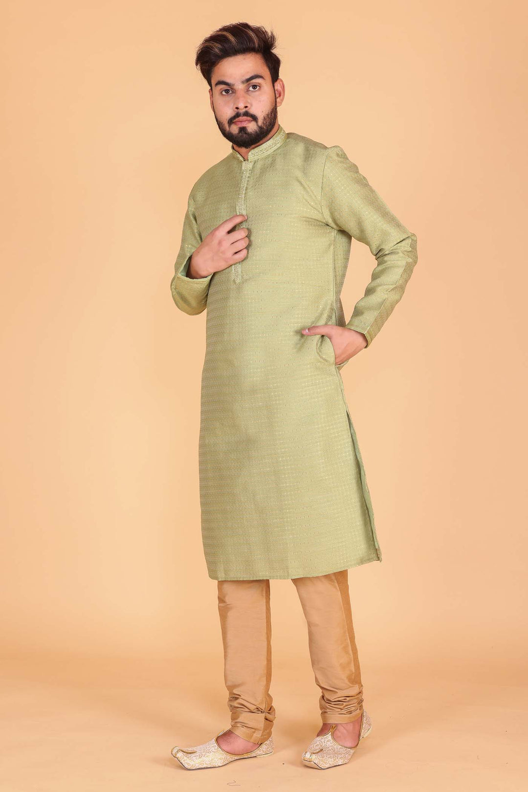 Mehndi Green Brocade Silk Kurta suit.