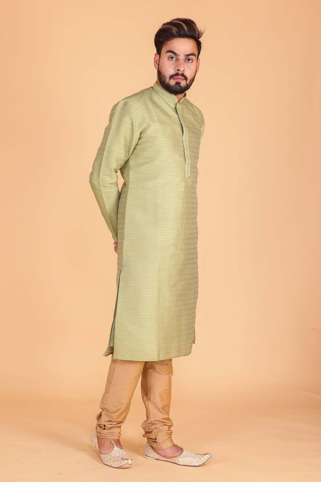 Mehndi Green Brocade Silk Kurta suit.