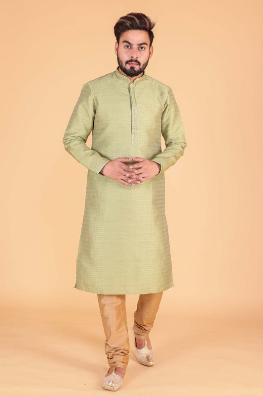 Brocade Silk Kurta suit with resham thread embroidery on neckline - Mehndi Green