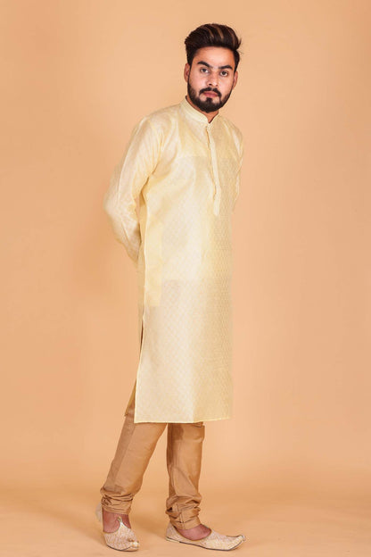 Light Gold Brocade Silk Kurta Suit.