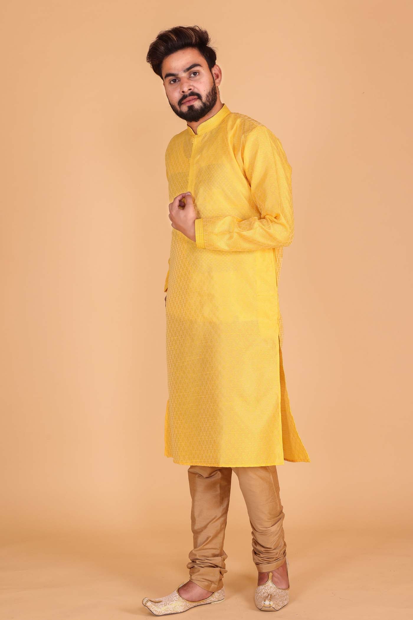 Brocade Print Kurta Suit - Yellow
