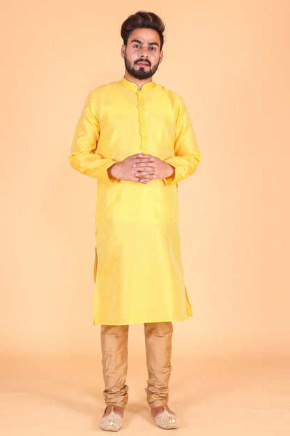 Brocade Print Kurta Suit - Yellow