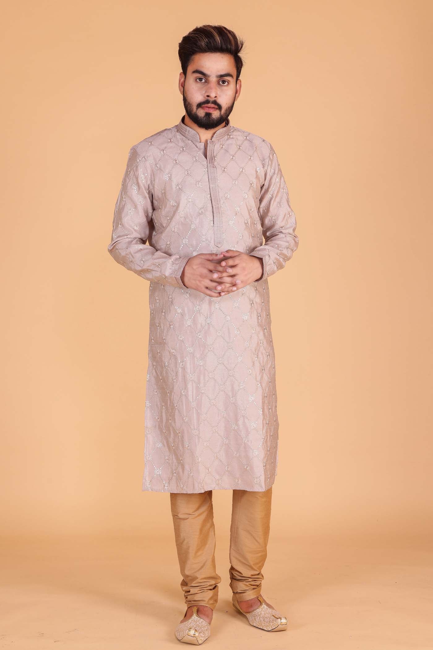 Soft Silk Kurta Suit with Sequin and Thread Work- Stone