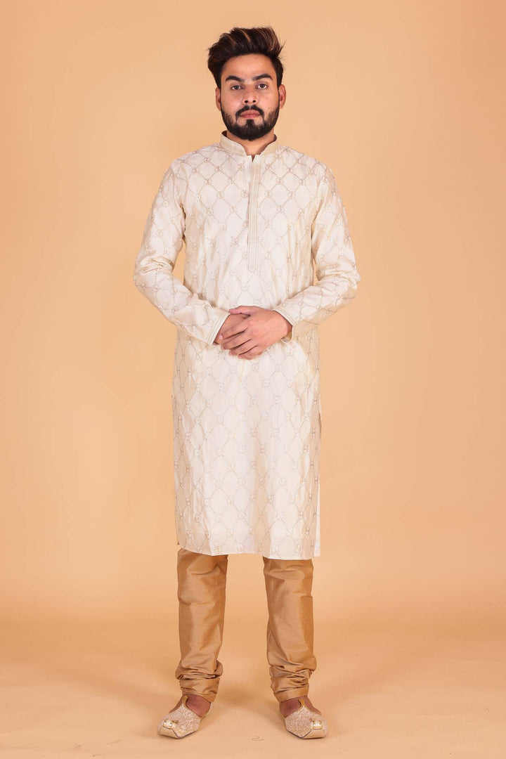 Cream Soft Silk Kurta Suit with Sequin and Thread Work.