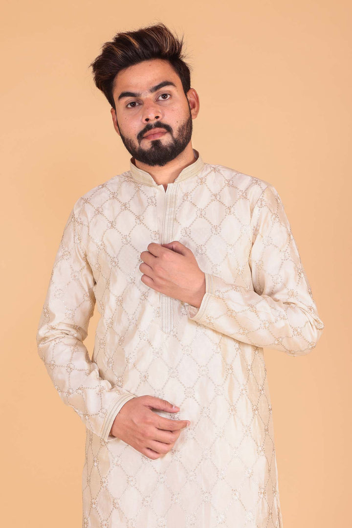 Cream Soft Silk Kurta Suit with Sequin and Thread Work.