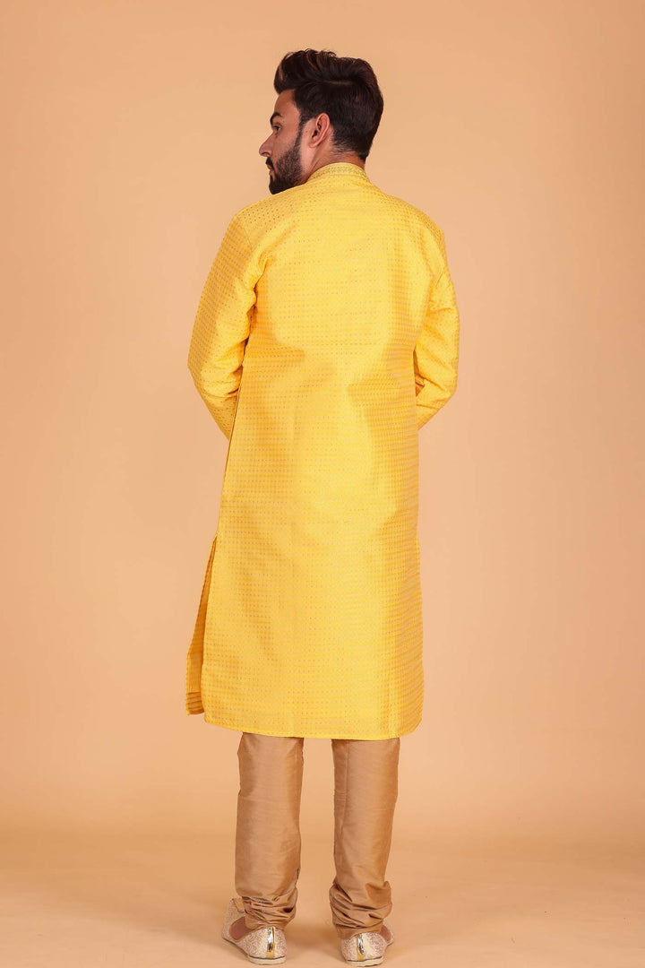 Brocade Silk Kurta suit with resham thread embroidery on neckline - Yellow