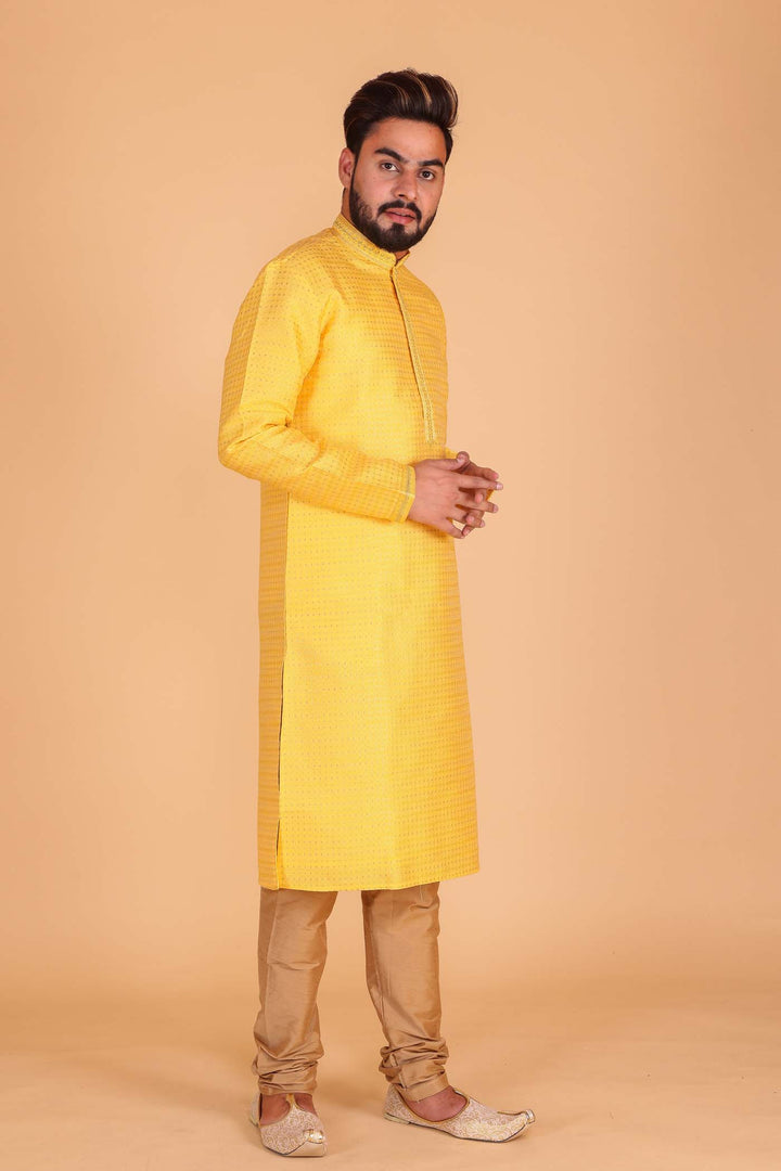 Brocade Silk Kurta suit with resham thread embroidery on neckline - Yellow