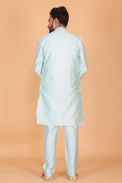 Designer Raw silk waistcoat kurta suit - Sea Blue