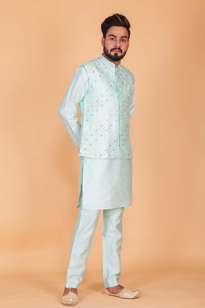 Designer Raw silk waistcoat kurta suit - Sea Blue