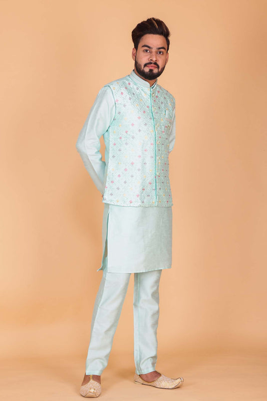 Designer Raw silk waistcoat kurta suit - Sea Blue