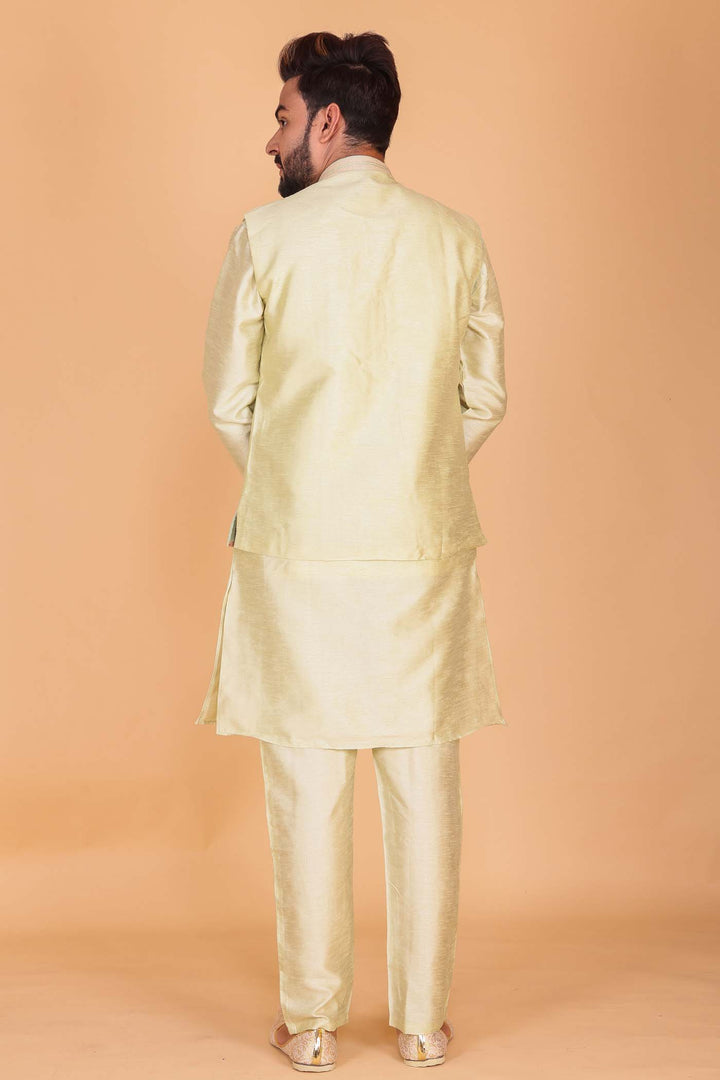 Mint Green Designer Raw silk waistcoat kurta suit