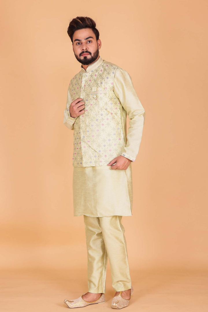 Mint Green Designer Raw silk waistcoat kurta suit