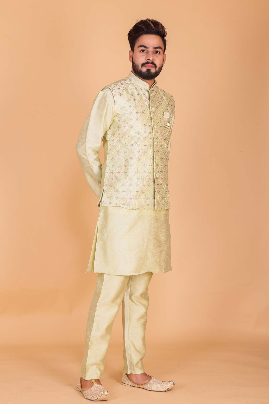 Mint Green Designer Raw silk waistcoat kurta suit