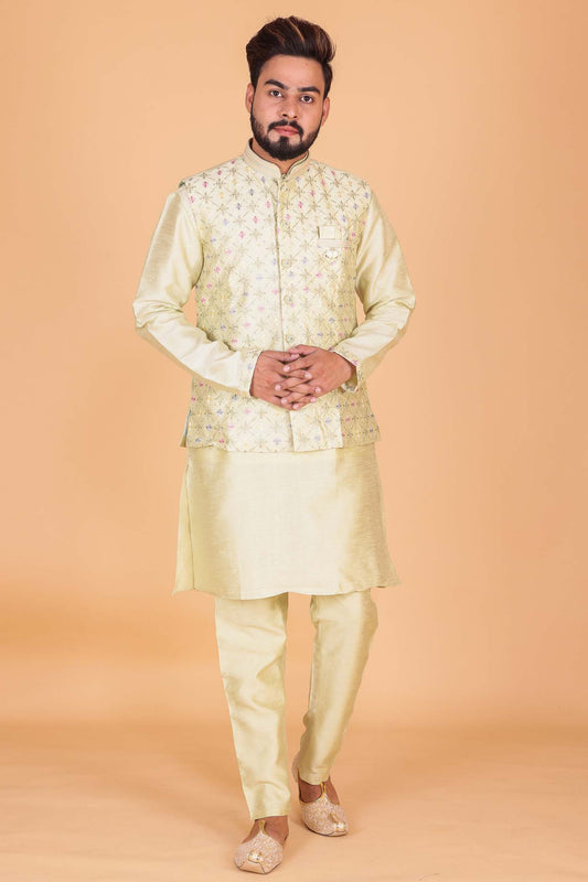 Designer Raw silk waistcoat kurta suit - Mint Green