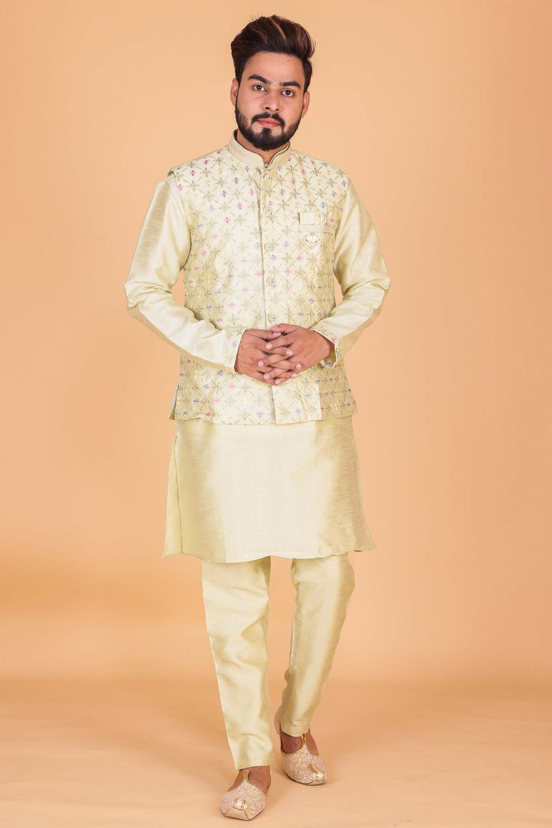 Mint Green Designer Raw silk waistcoat kurta suit