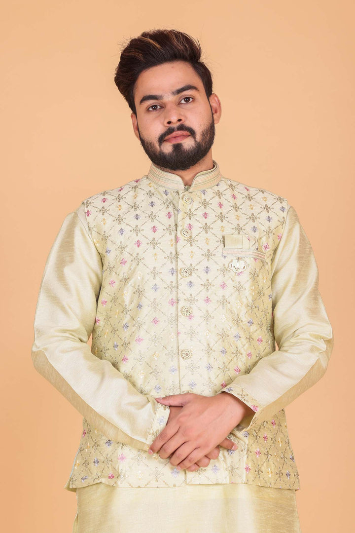 Mint Green Designer Raw silk waistcoat kurta suit