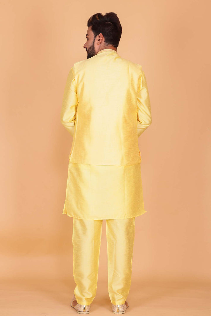 Yellow Designer Raw silk waistcoat kurta suit