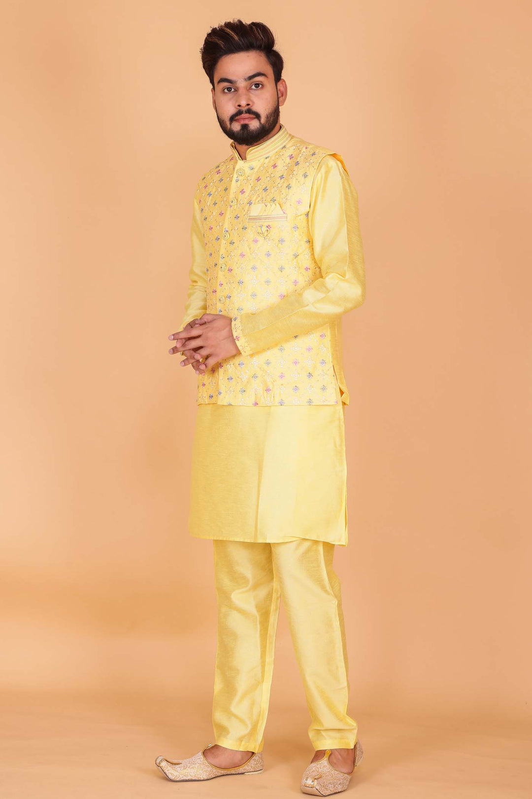 Yellow Designer Raw silk waistcoat kurta suit