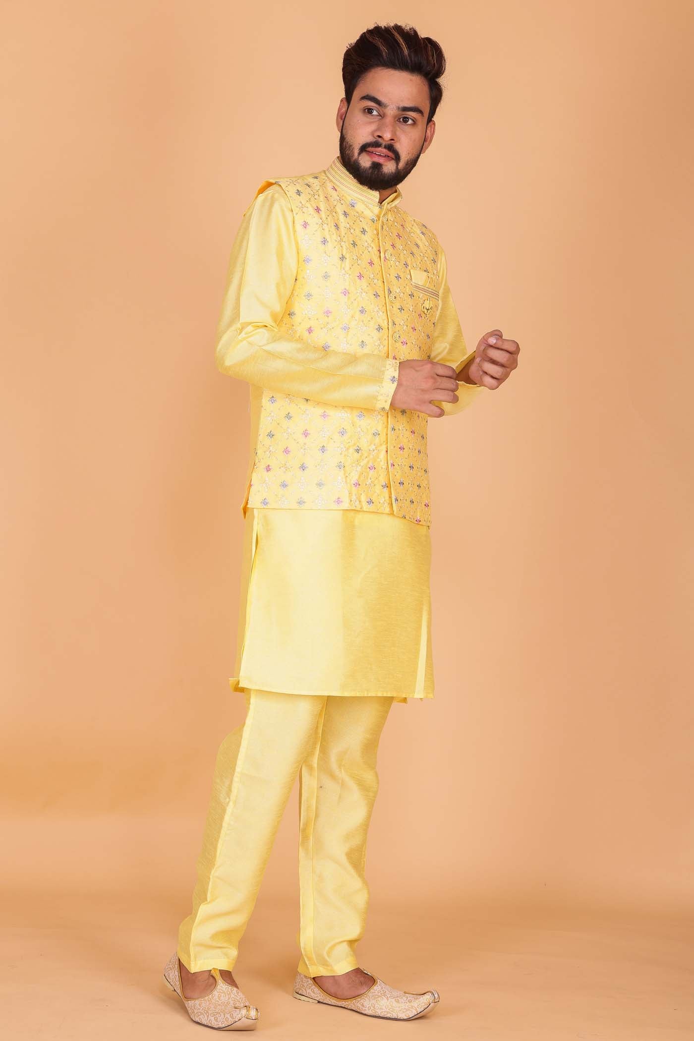 Designer Raw silk waistcoat kurta suit - Yellow
