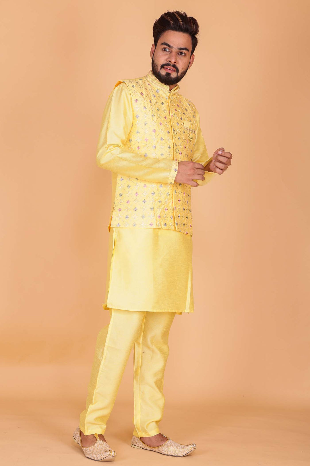 Yellow Designer Raw silk waistcoat kurta suit