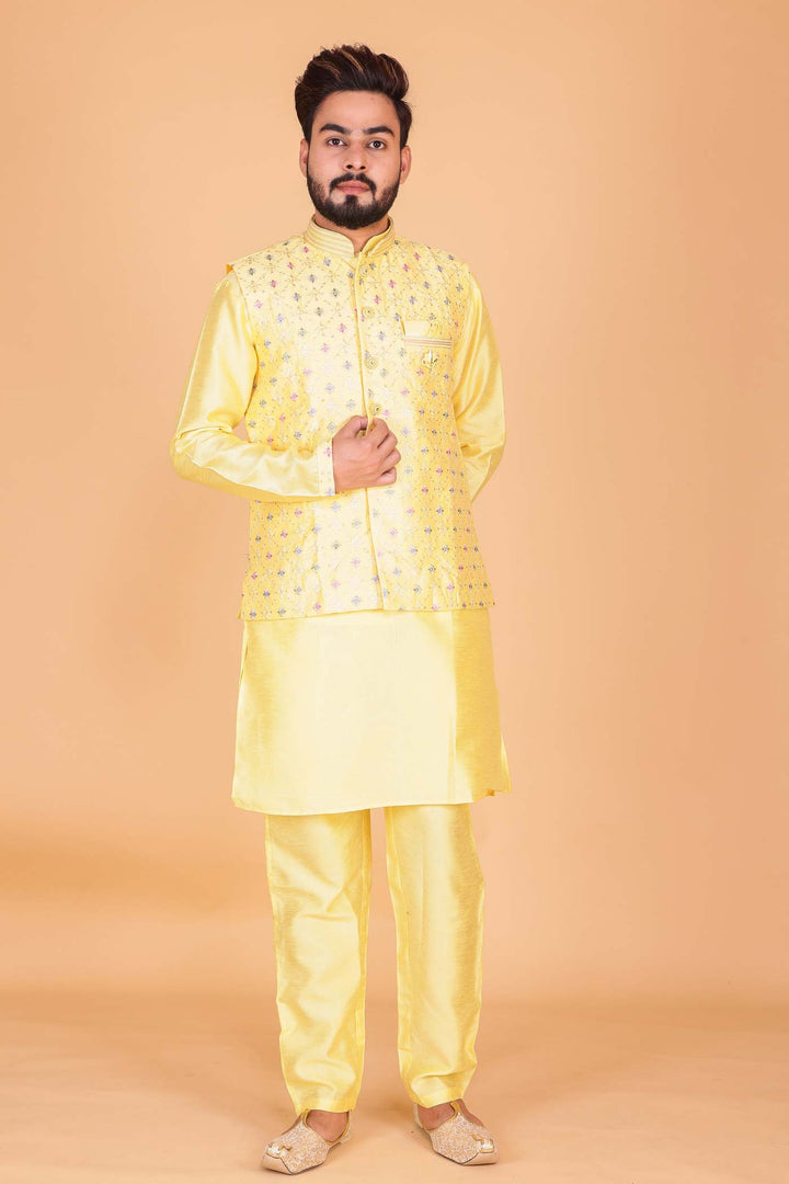 Yellow Designer Raw silk waistcoat kurta suit