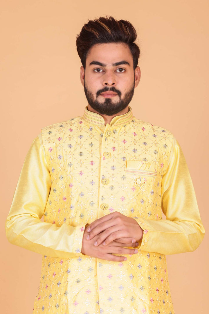 Yellow Designer Raw silk waistcoat kurta suit