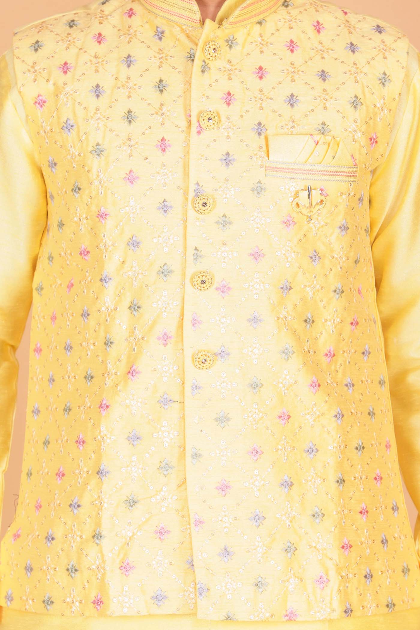 Designer Raw silk waistcoat kurta suit - Yellow