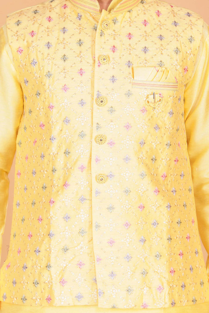 Yellow Designer Raw silk waistcoat kurta suit