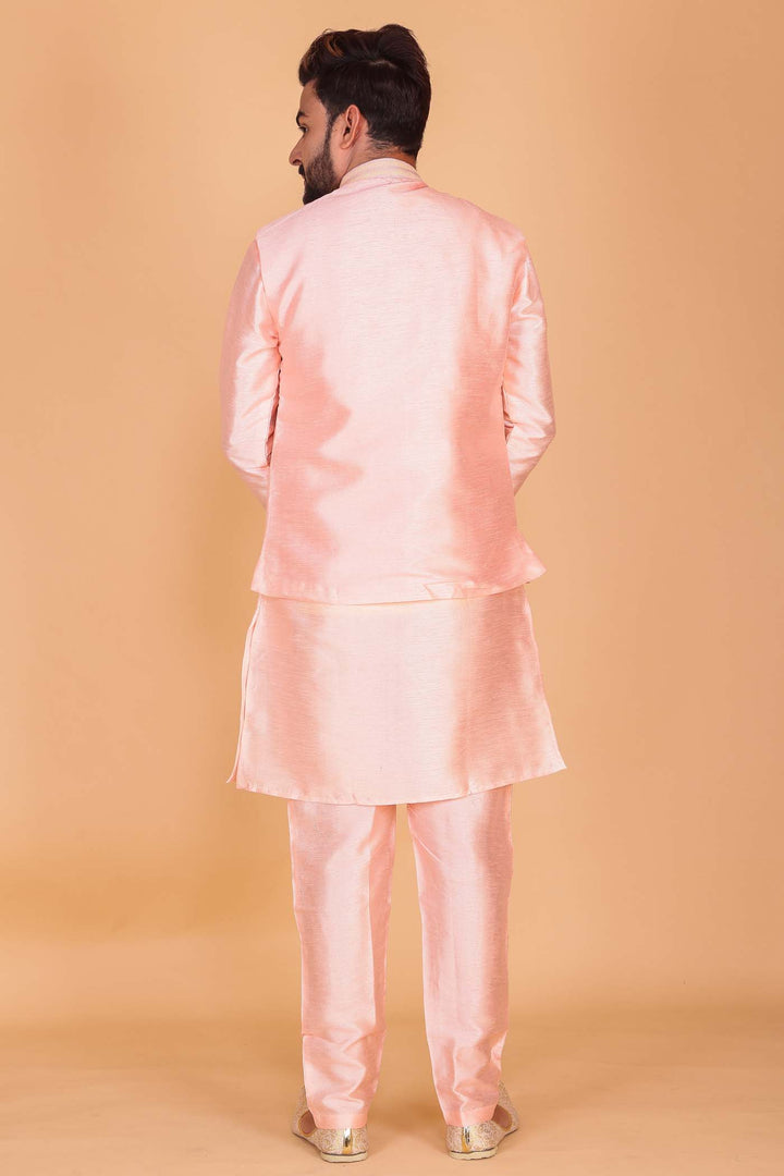 Light Pink Designer Raw silk waistcoat kurta suit