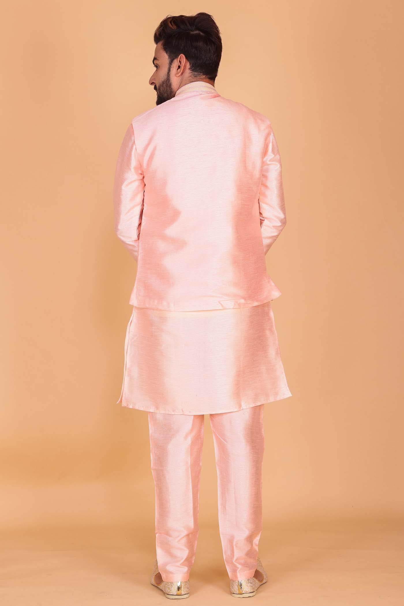Designer Raw silk waistcoat kurta suit - Light Pink