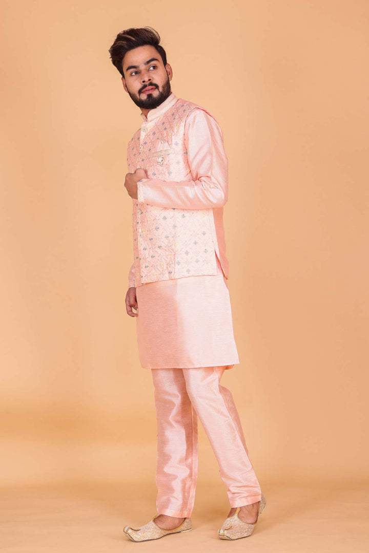 Light Pink Designer Raw silk waistcoat kurta suit