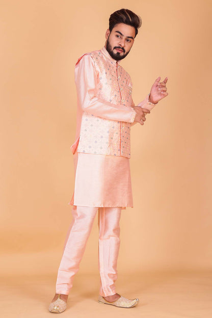 Designer Raw silk waistcoat kurta suit - Light Pink