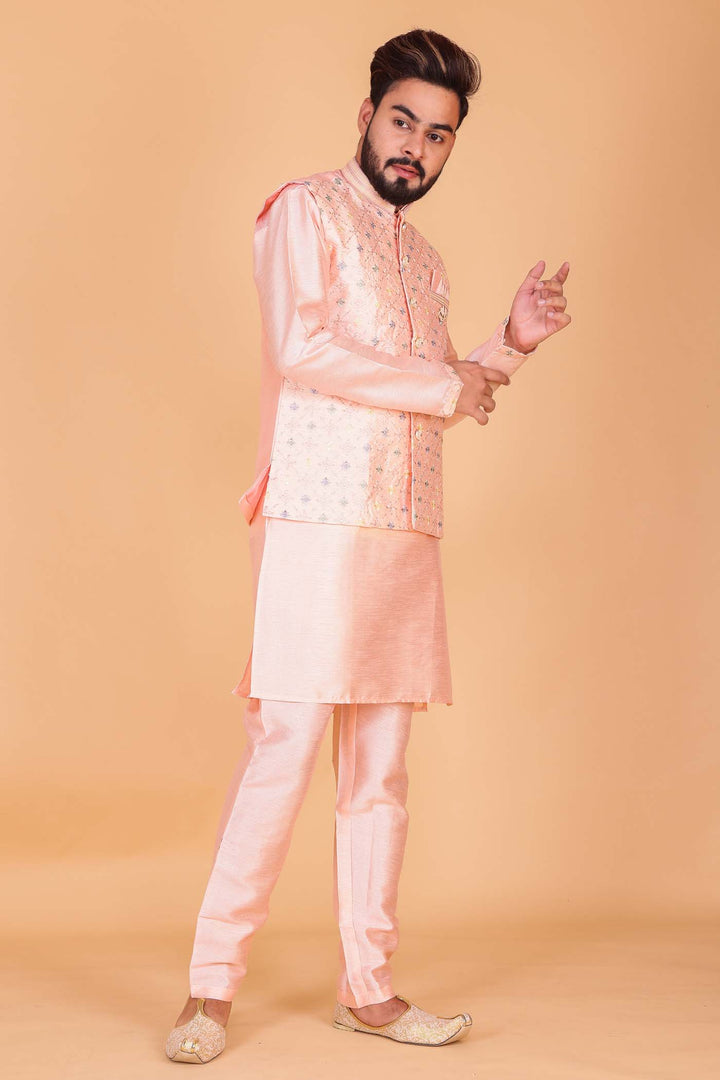 Light Pink Designer Raw silk waistcoat kurta suit