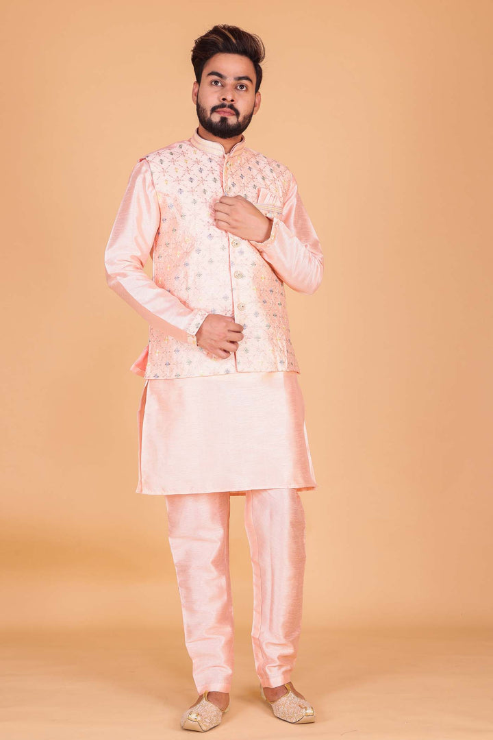 Light Pink Designer Raw silk waistcoat kurta suit