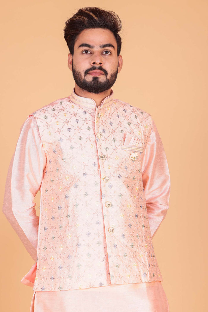 Light Pink Designer Raw silk waistcoat kurta suit