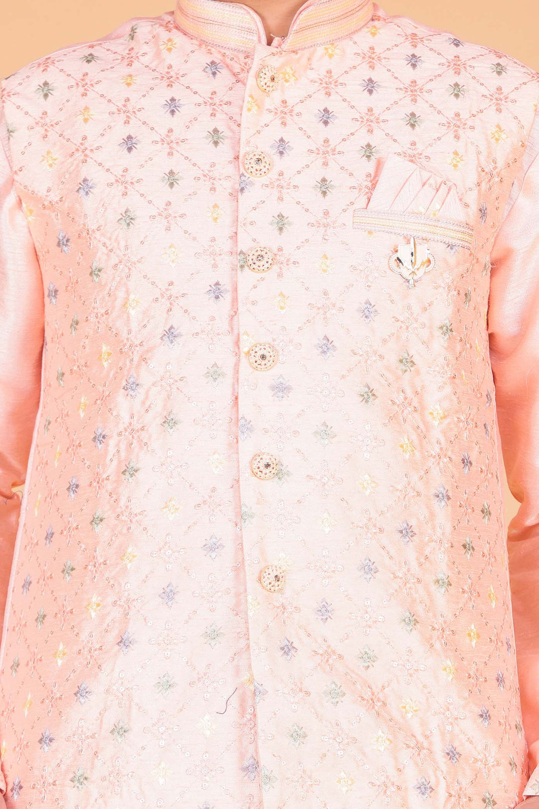 Light Pink Designer Raw silk waistcoat kurta suit