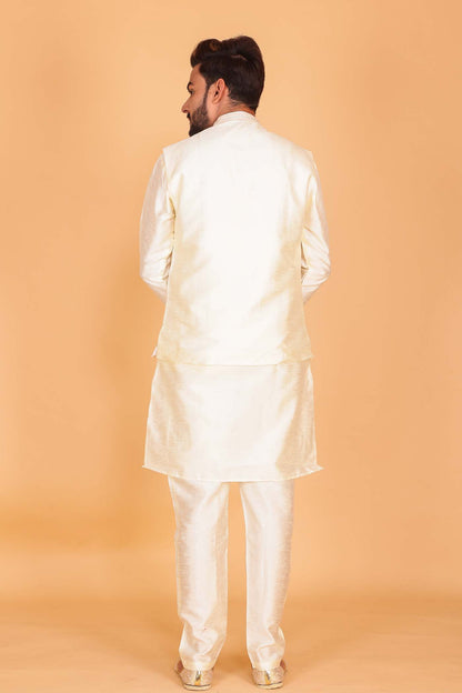 Designer Raw silk waistcoat kurta suit - Cream