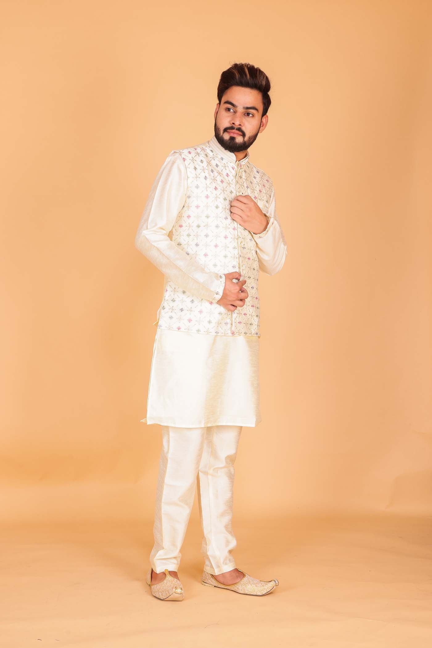 Designer Raw silk waistcoat kurta suit - Cream