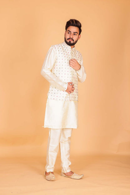 Designer Raw silk waistcoat kurta suit - Cream