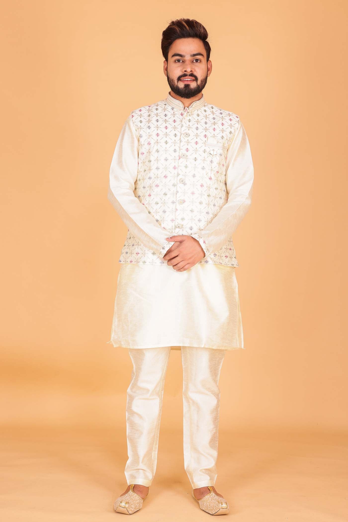 Designer Raw silk waistcoat kurta suit - Cream